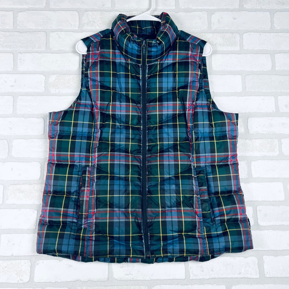 Lands End Blue Green Plaid Puffer Vest Womens Large 14-16 Full Zip Quilted